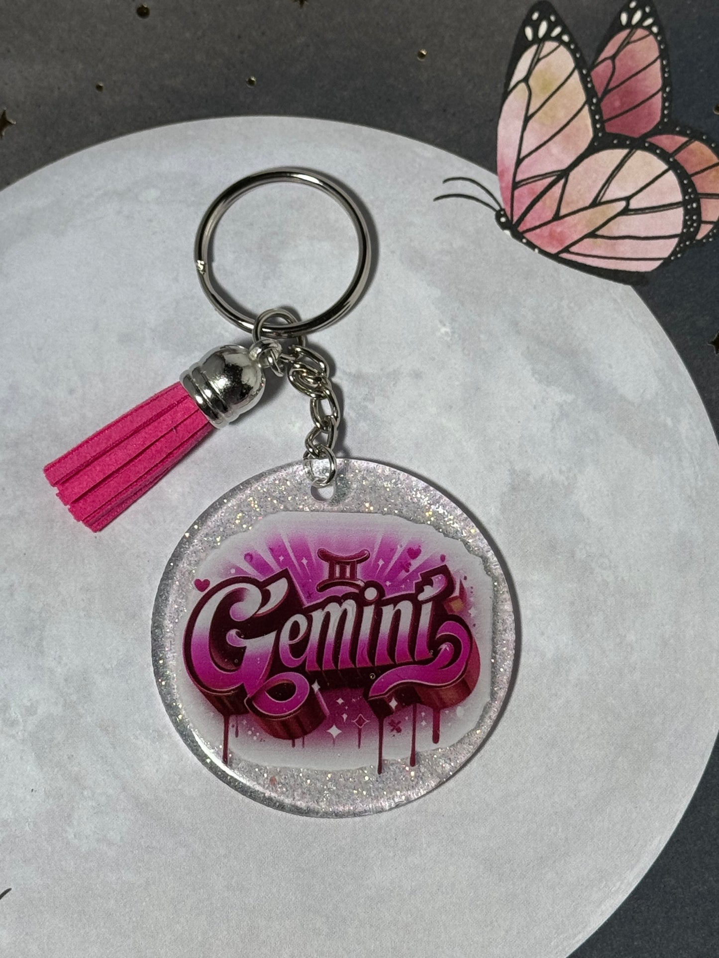 Pink Gemini Zodiac Sign Keychain