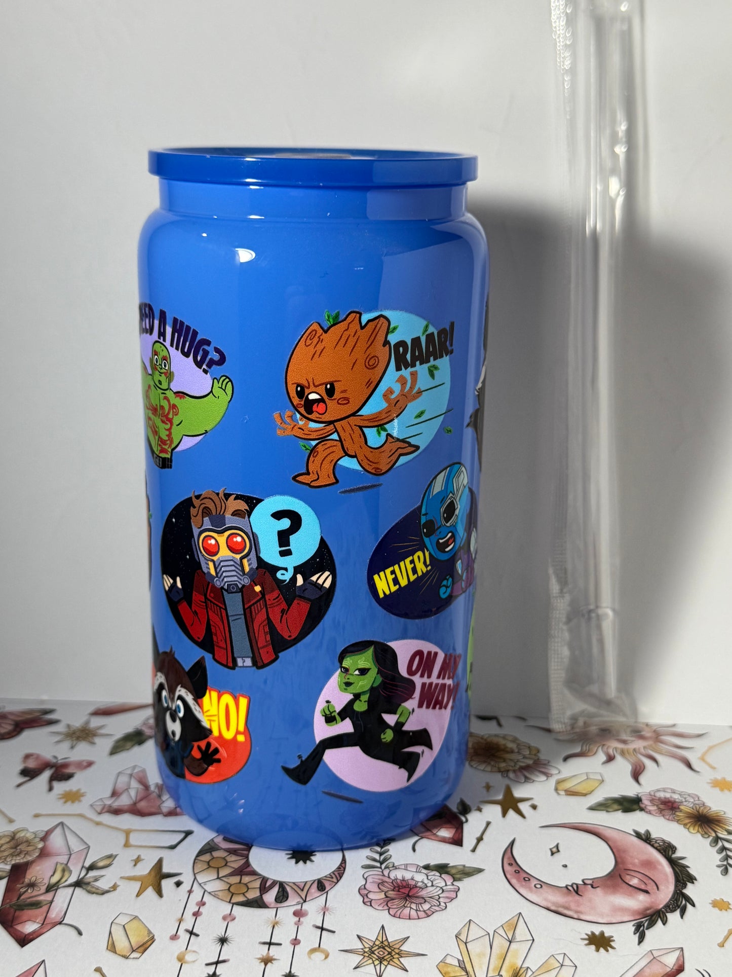 Blue 16oz Cartoon Character Can Glass