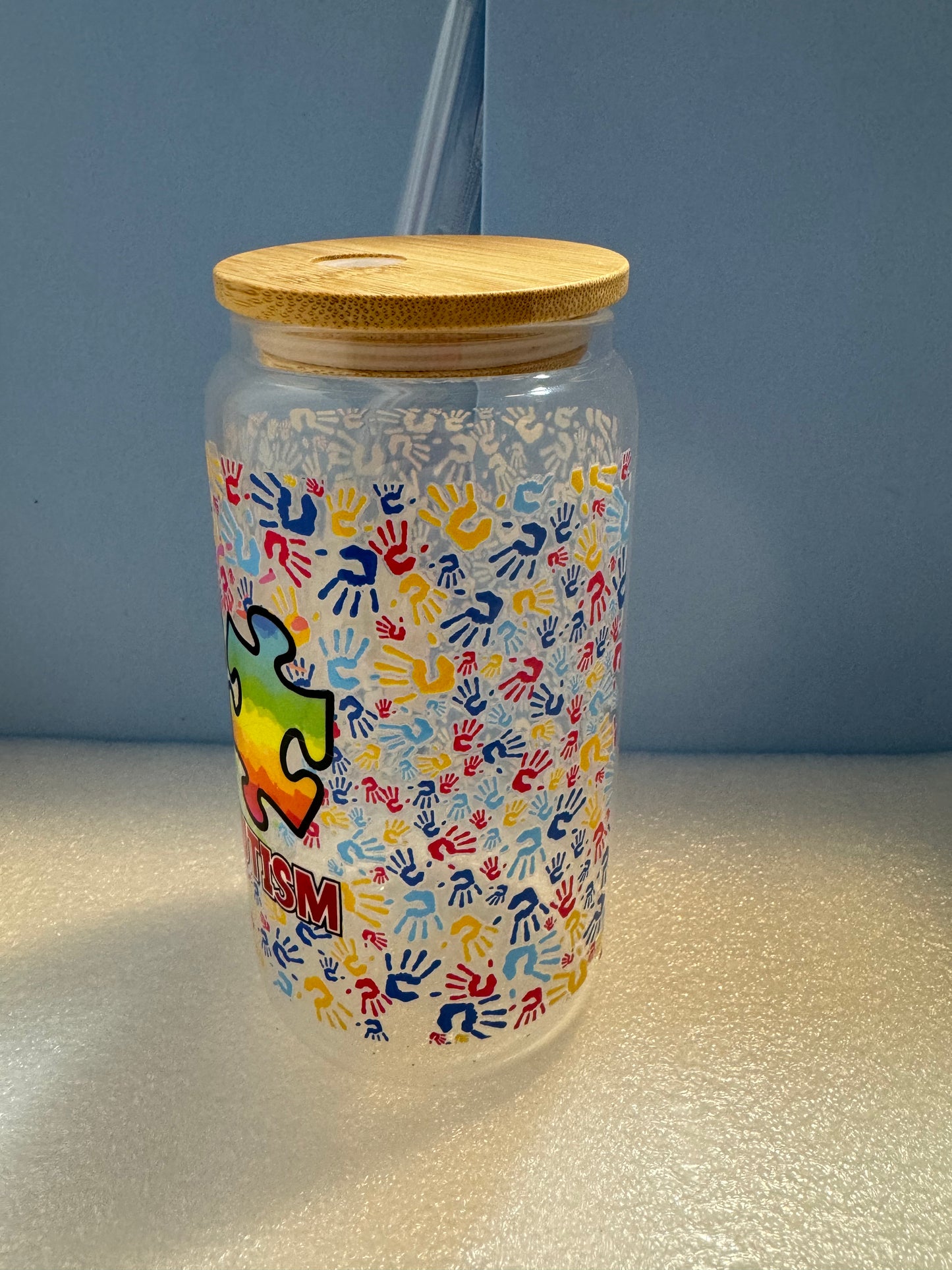 16oz Peace Love and Autism Can Glass
