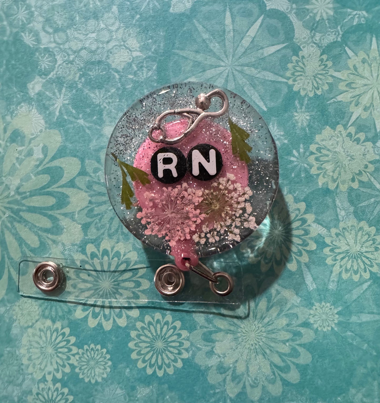 Pink Floral RN Badge Reel
