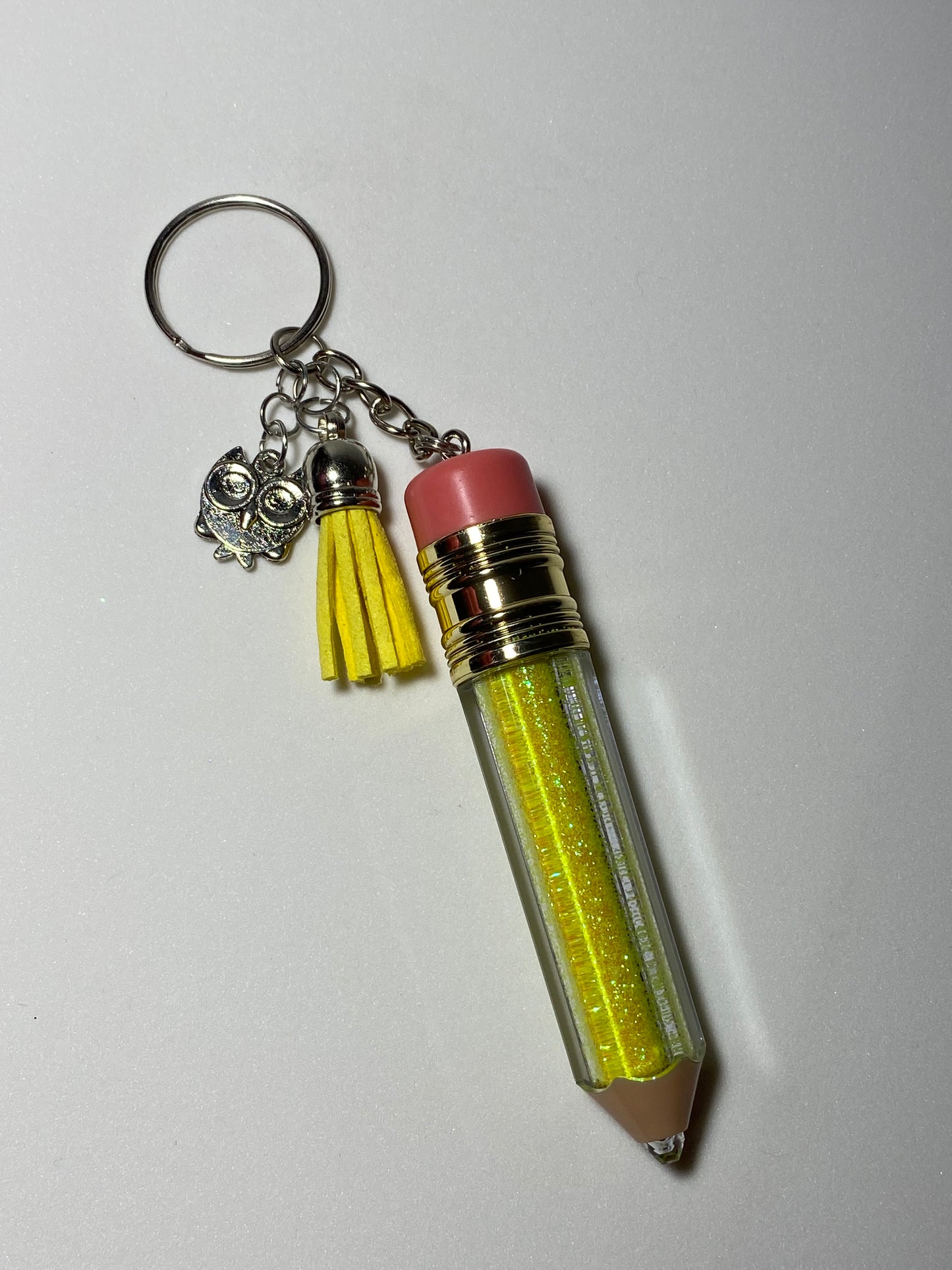 Yellow Pencil Keychain with Silver Owl