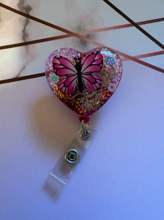 Pink Heart Butterfly Badge Reel