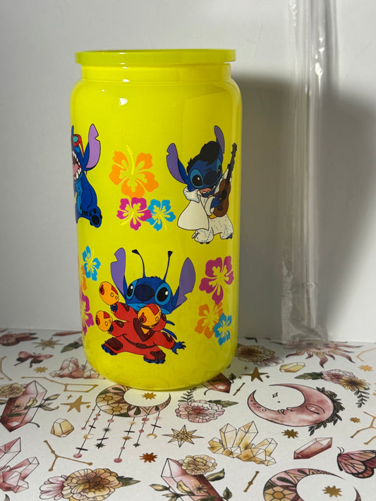 Yellow 16oz Aloha Stitch Can Glass