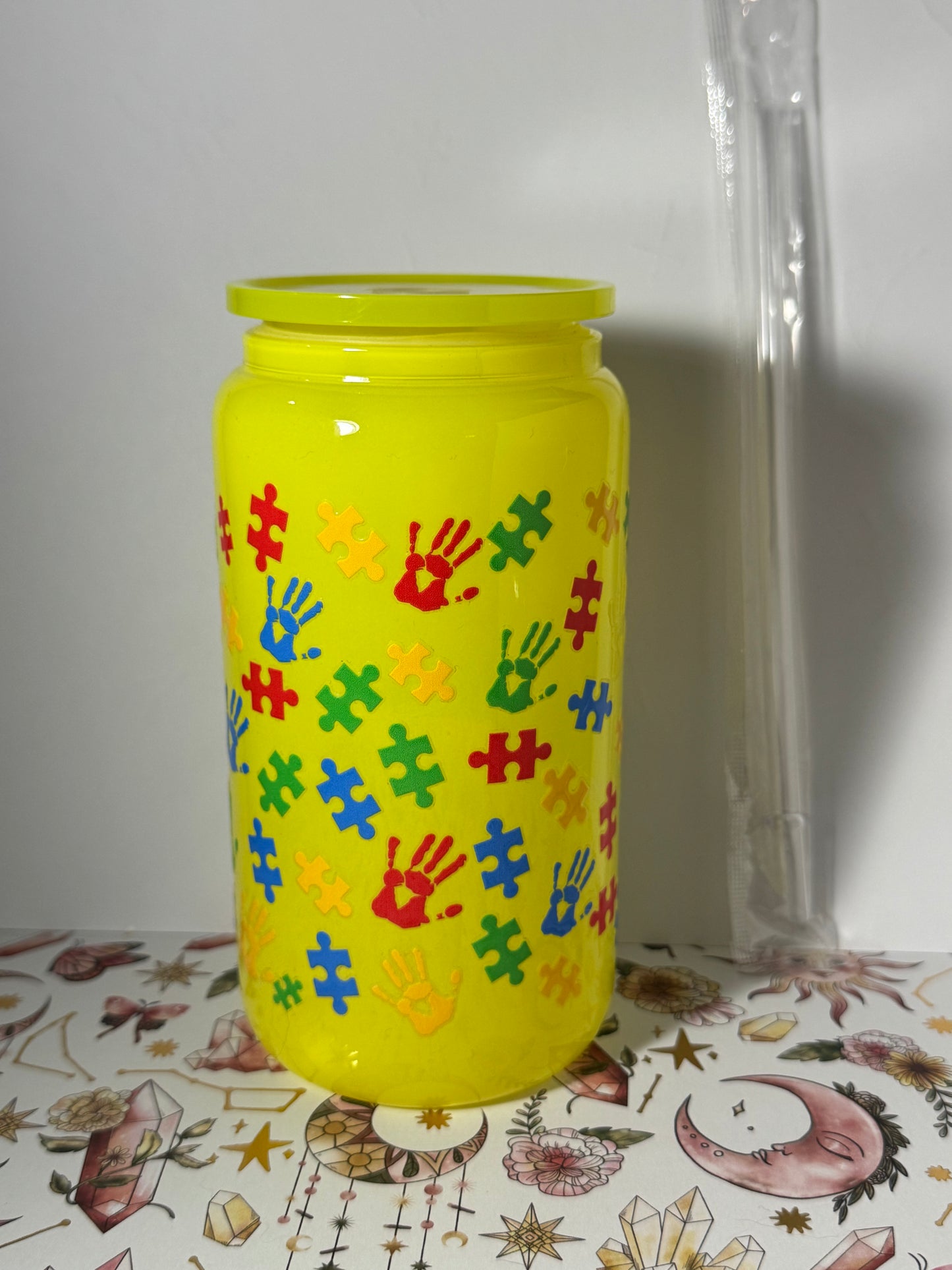 Yellow 16oz Autism Can Glass