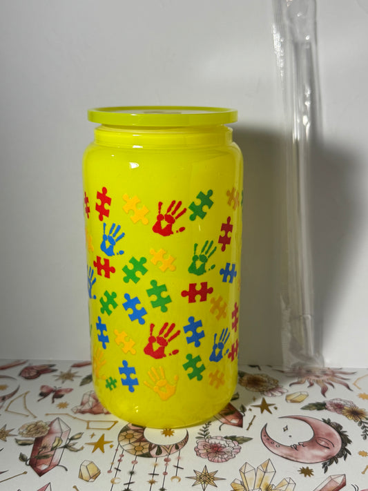 Yellow 16oz Autism Can Glass