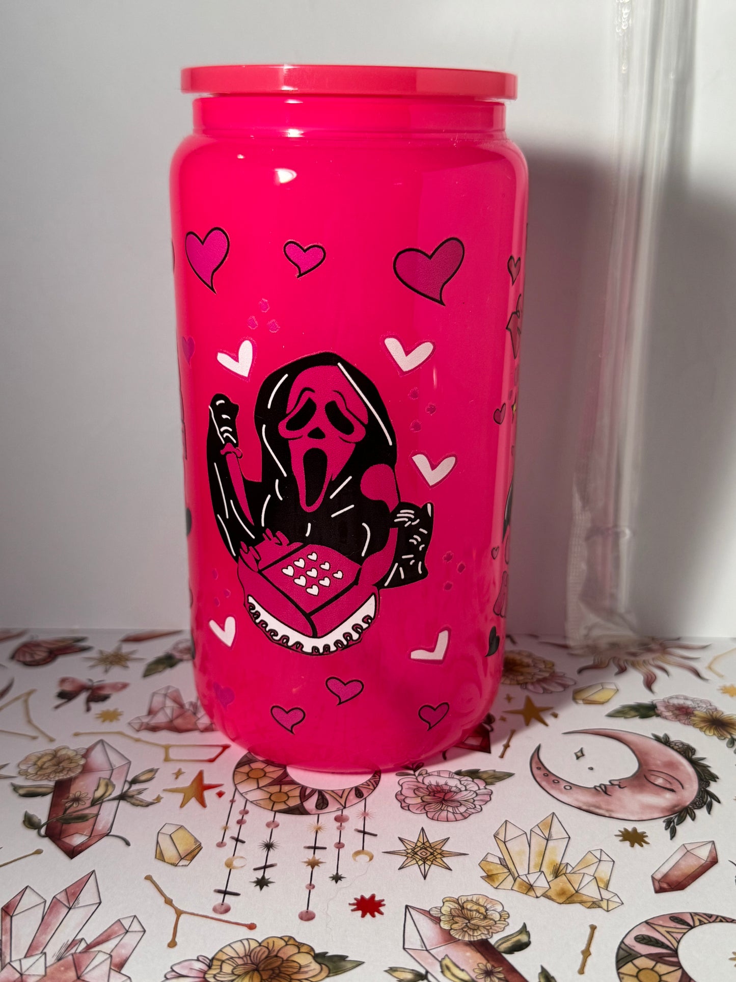 Pink Ghostface Love 16oz Can Glass