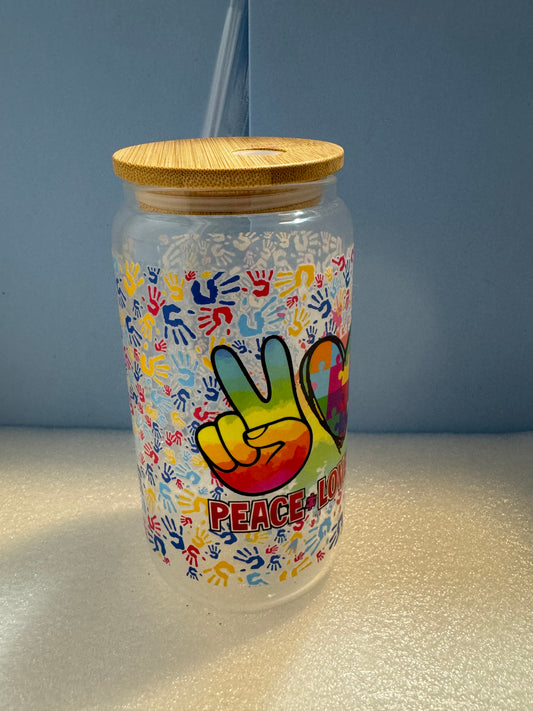 16oz Peace Love and Autism Can Glass