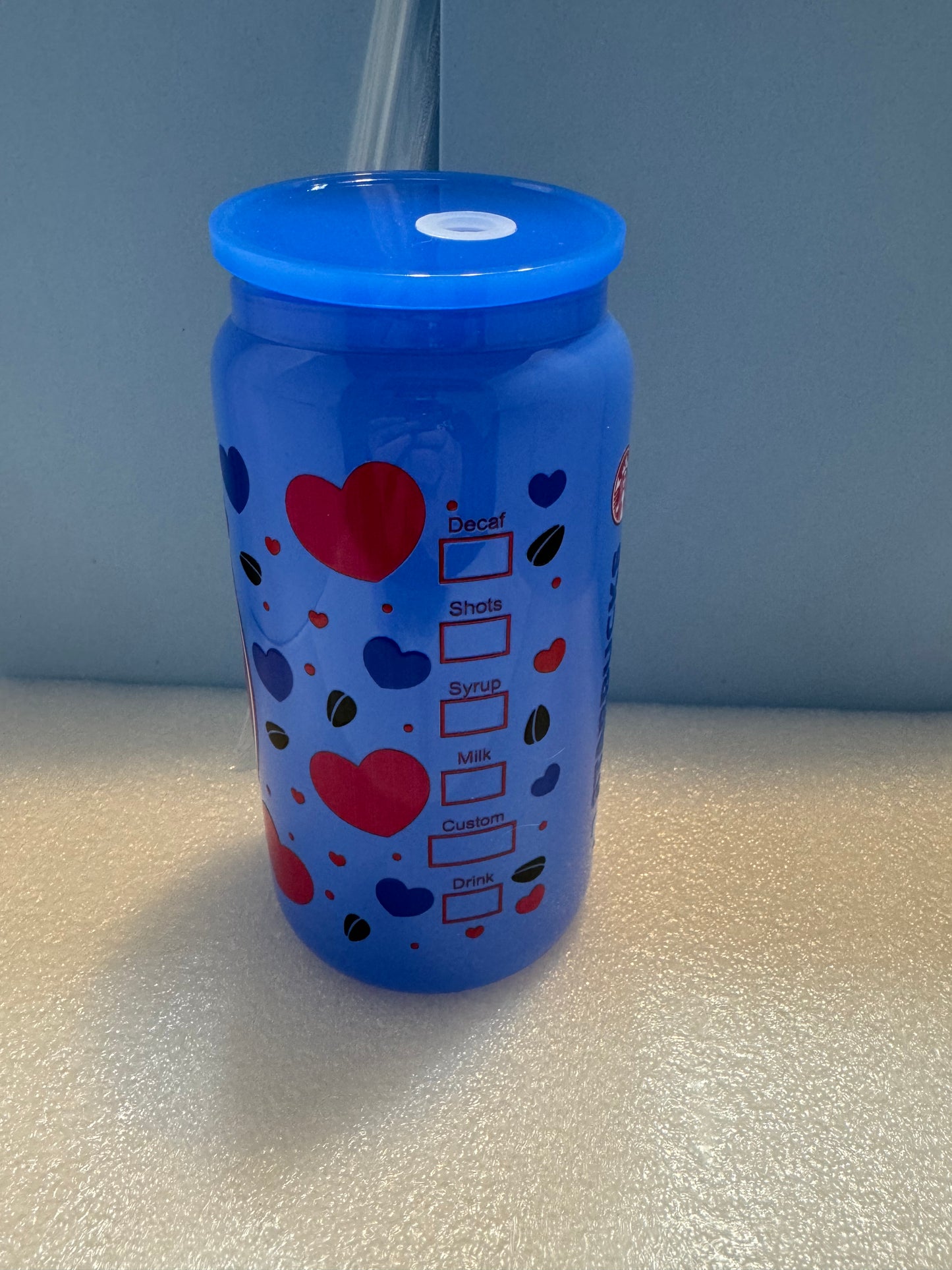 16oz Blue Stitch Love Starbucks Can Glass