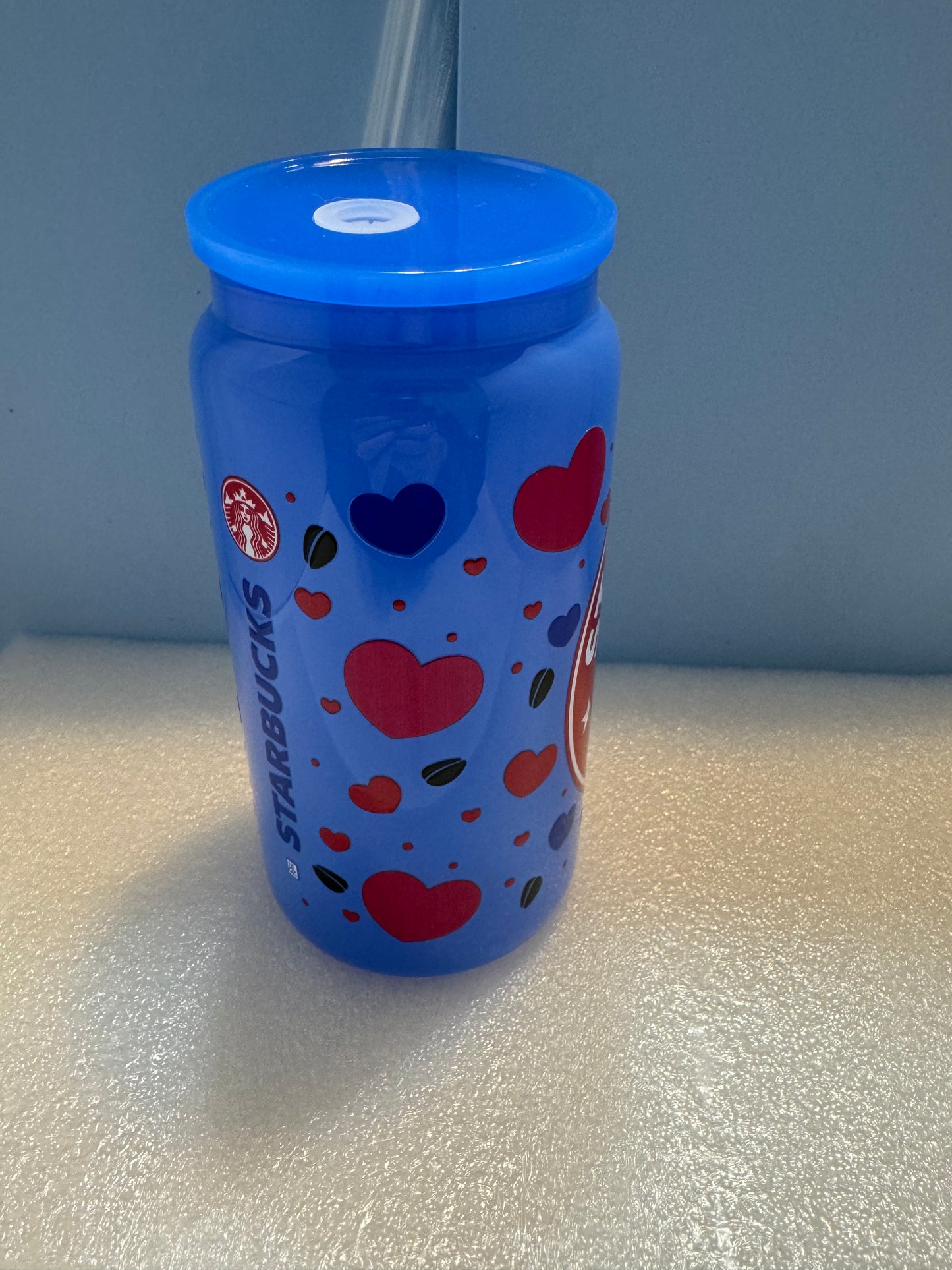 16oz Blue Stitch Love Starbucks Can Glass