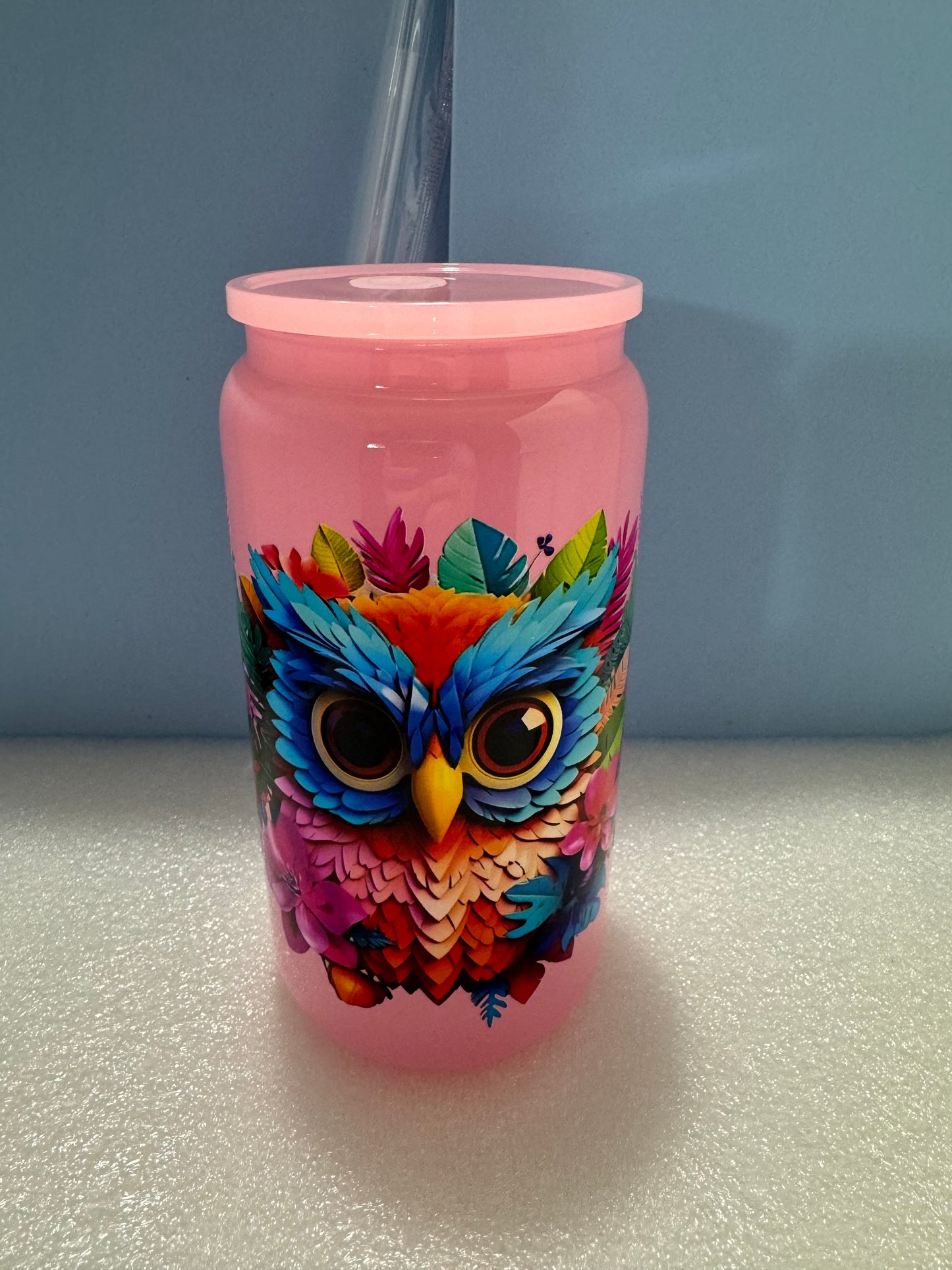 Pink Owl Floral Can Glass