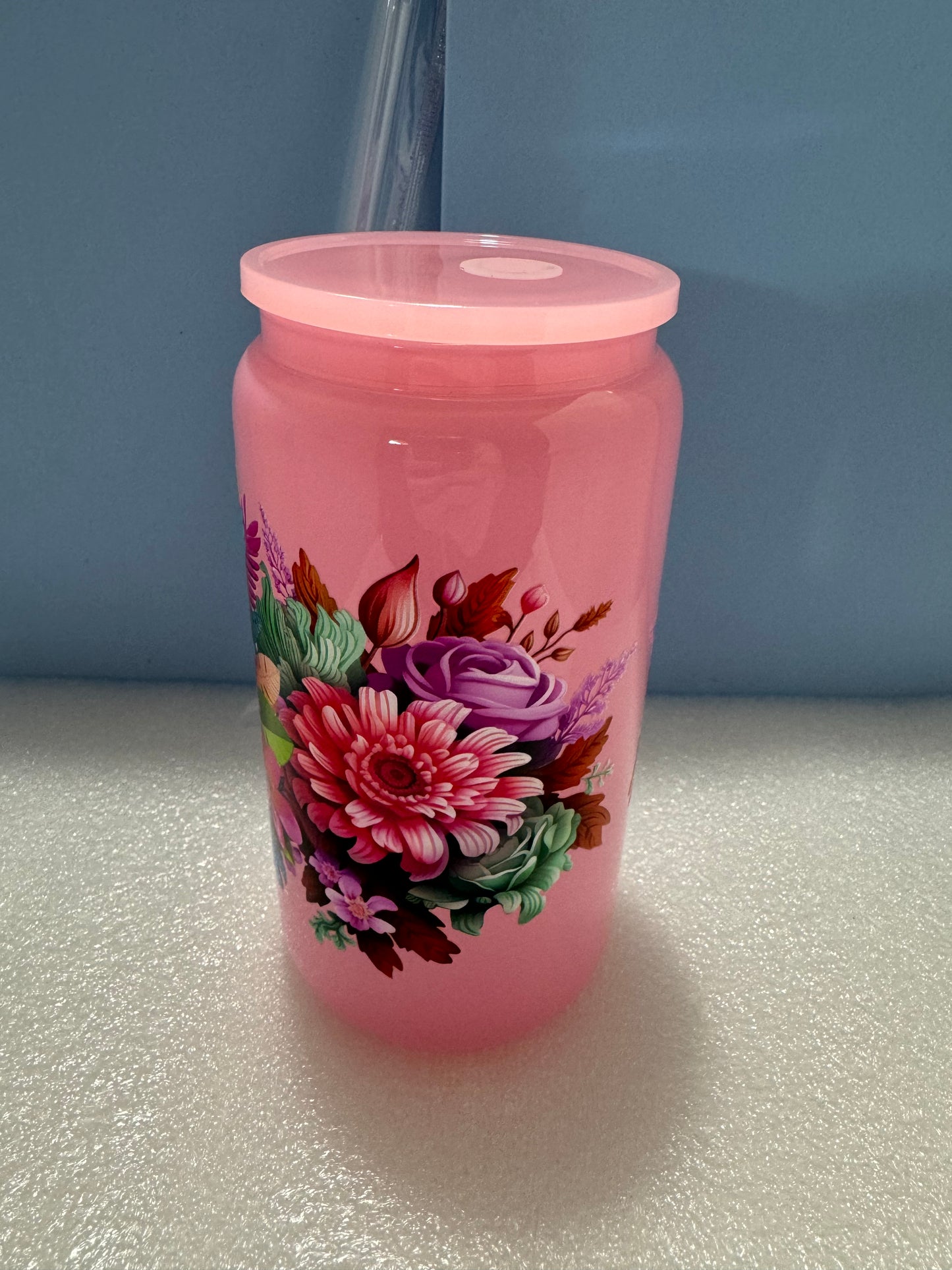 Pink Owl Floral Can Glass