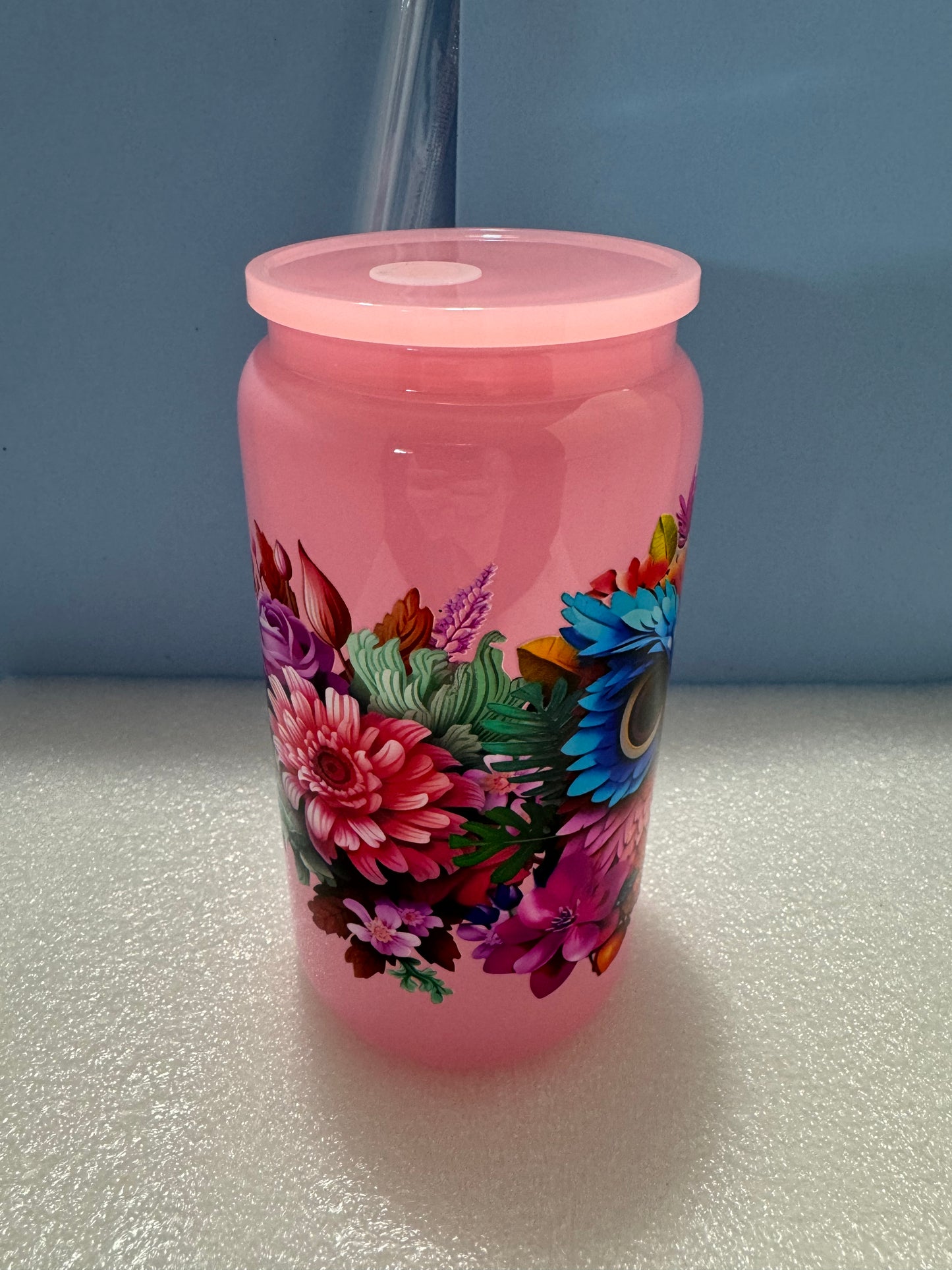 Pink Owl Floral Can Glass