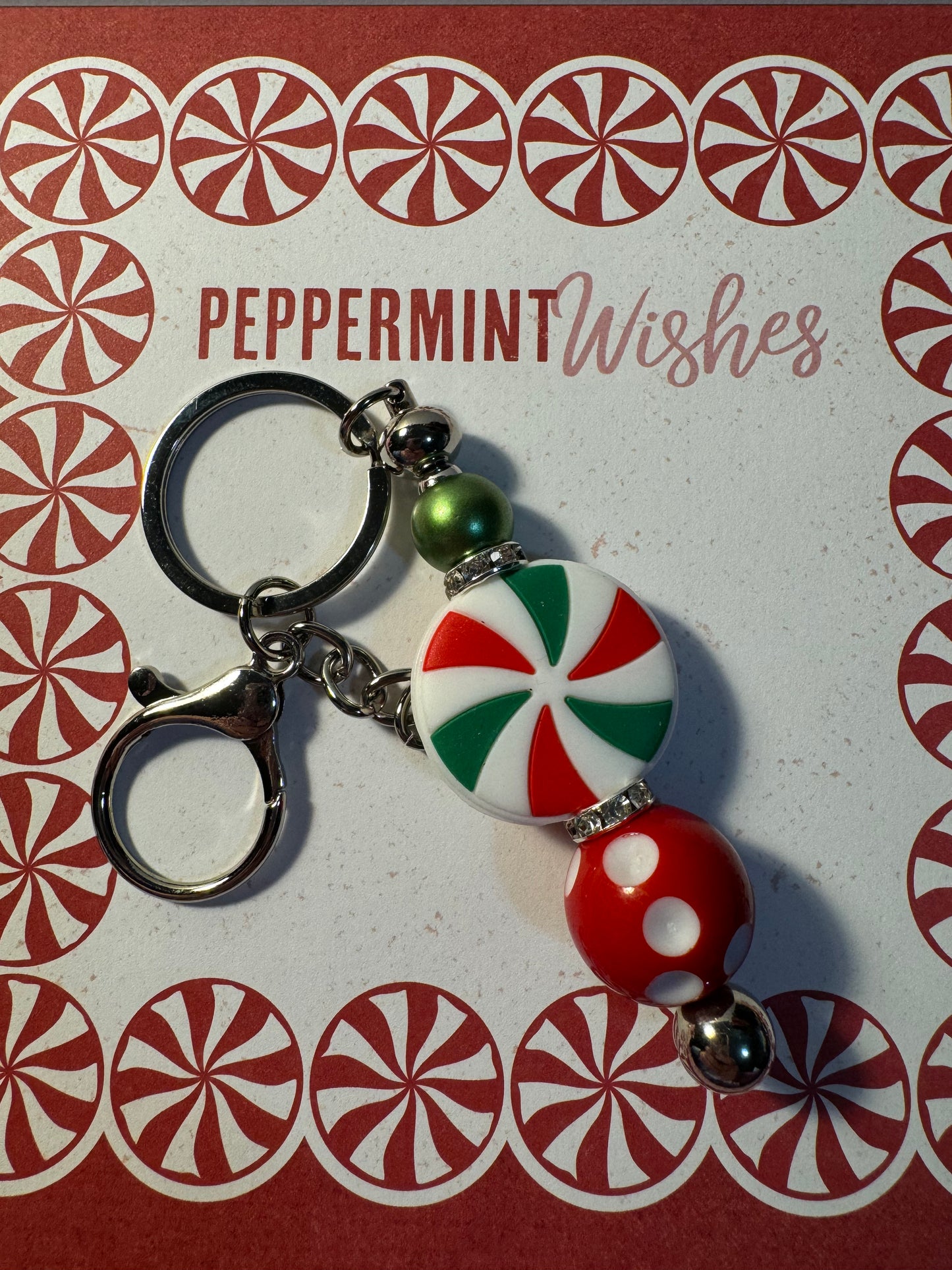 Green and Red peppermint Wishes Keychain