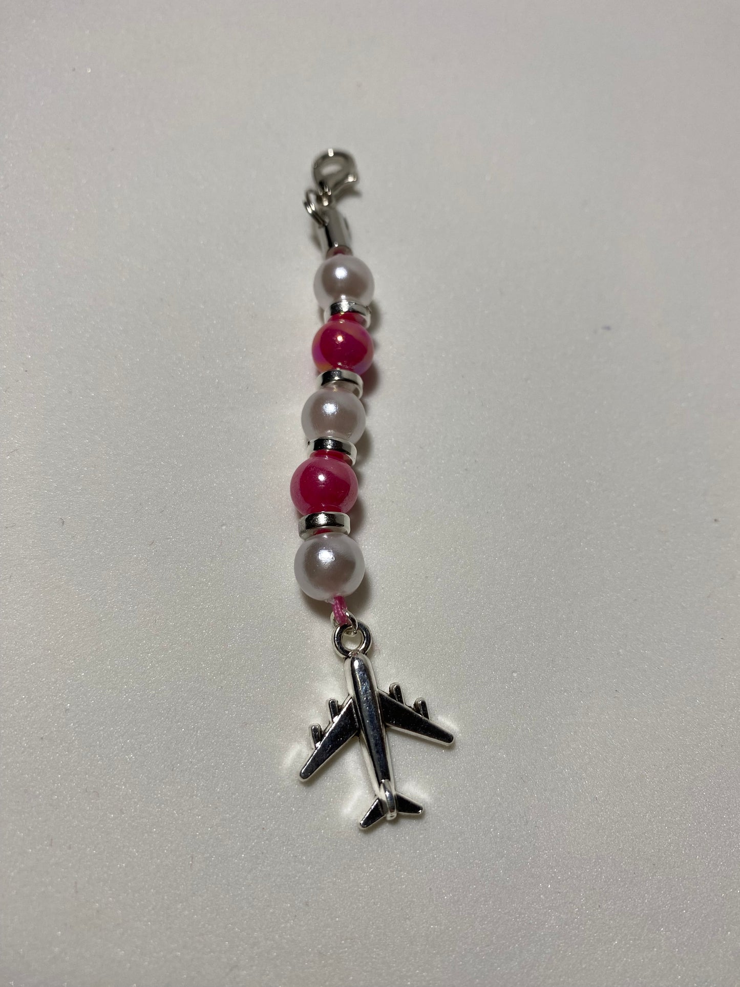 Airplane with Pink and White Beads Zipper Pull / Keychain Charm