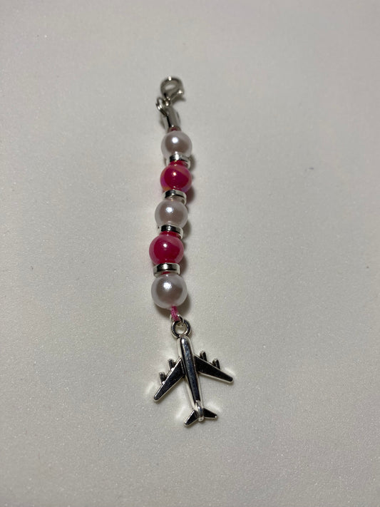 Airplane with Pink and White Beads Zipper Pull / Keychain Charm