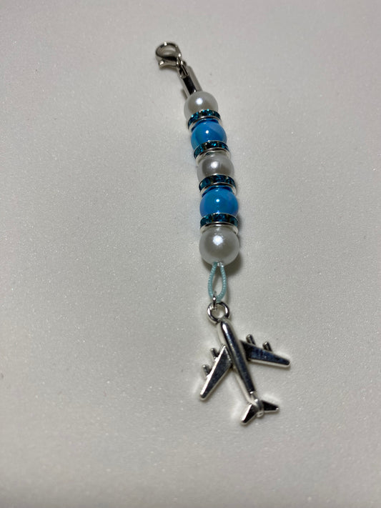 Airplane with Blue Bling Zipper Pull / Keychain Charm