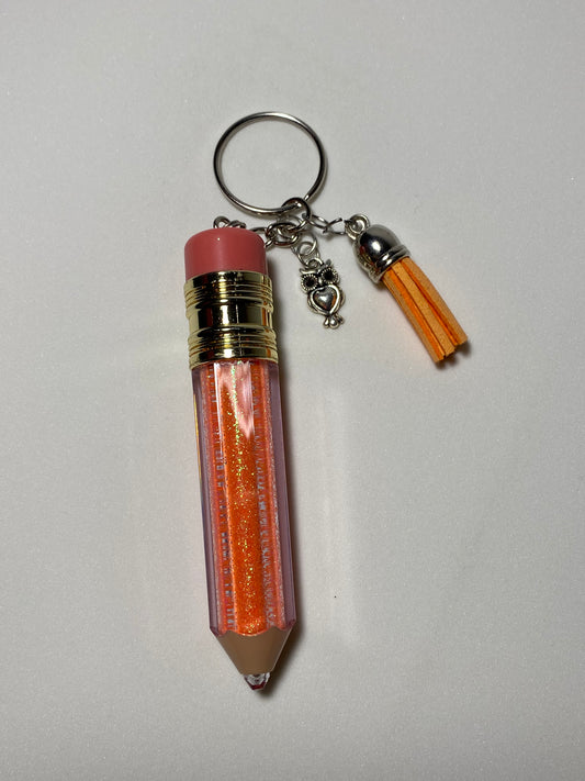 Orange Pencil Keychain with Silver Owl