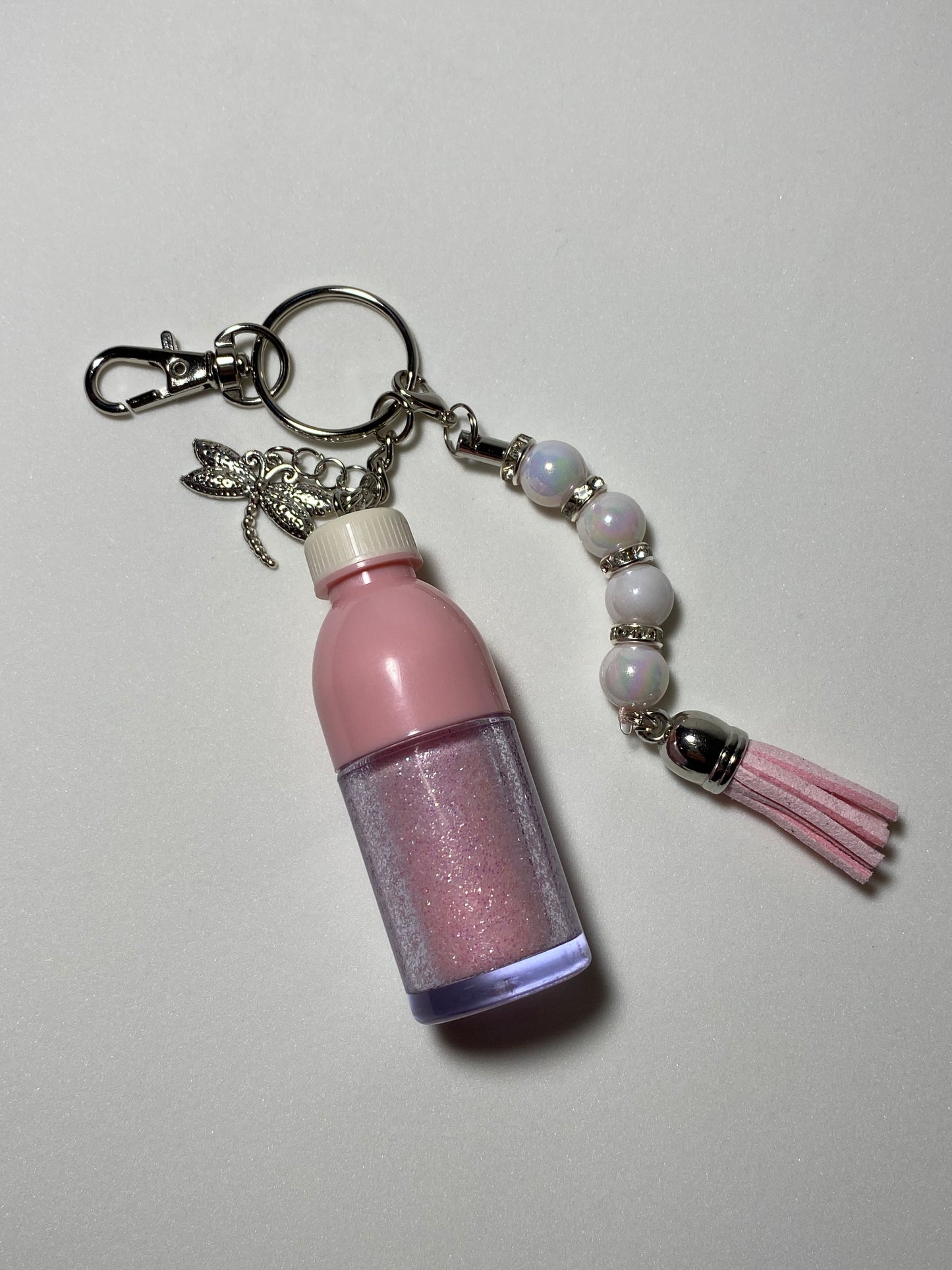 Pink Bottle Keychain with Silver Dragonfly