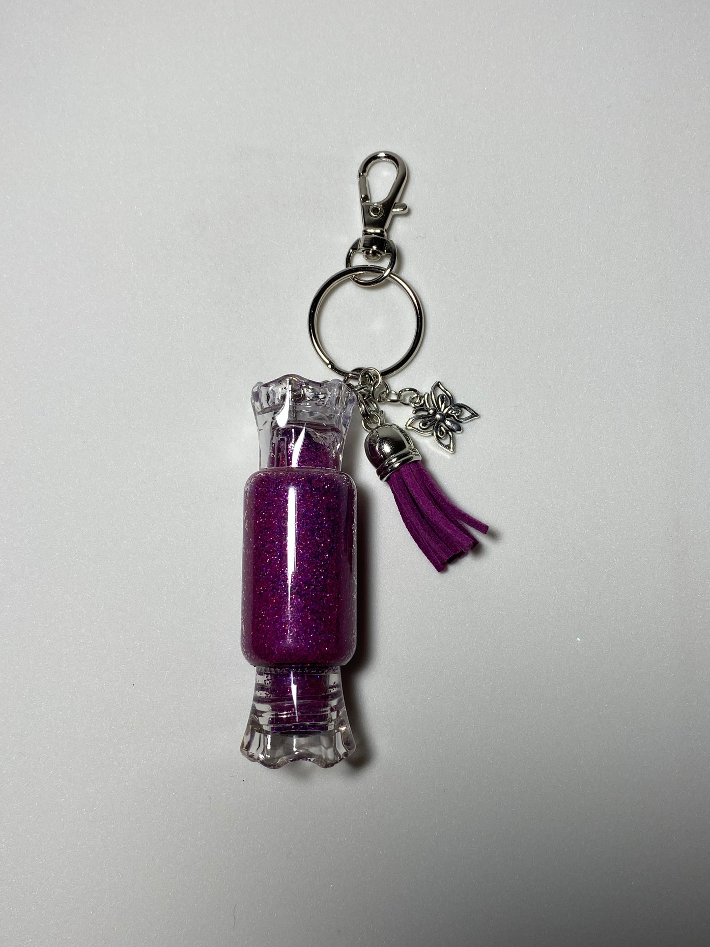 Purple Wrapped Candy Keychain with Silver Butterfly