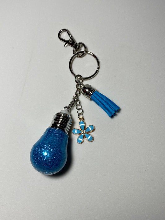 Blue Lightbulb Keychain with Blue Flower