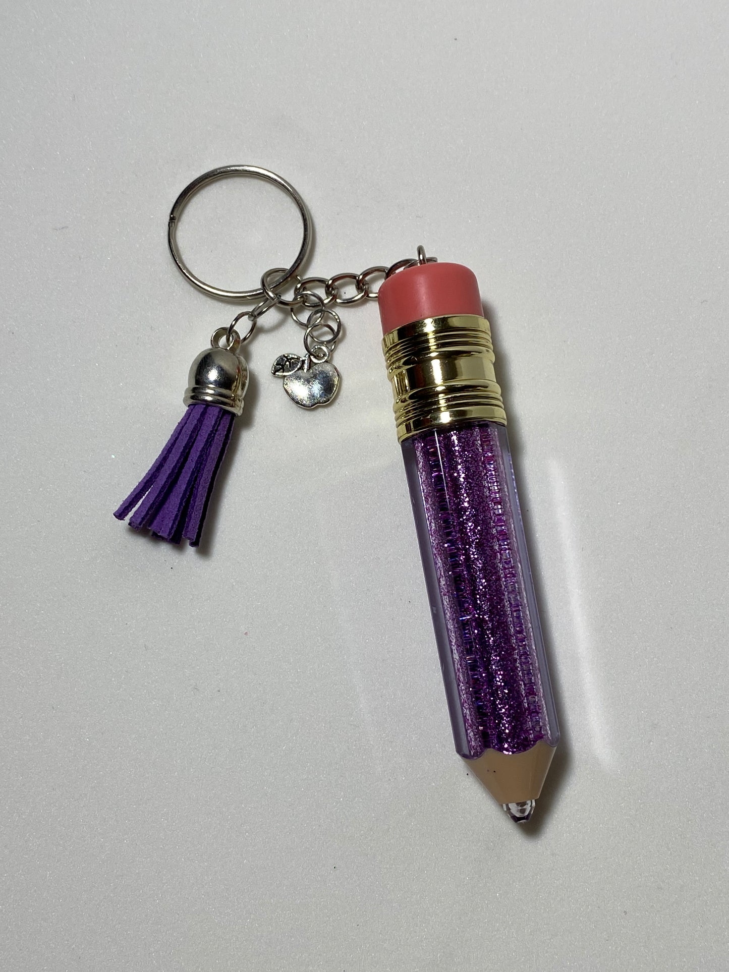 Purple Pencil Keychain with Silver Apple