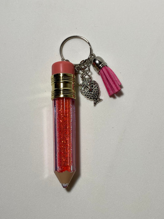 Pink Pencil Keychain with Silver Owl