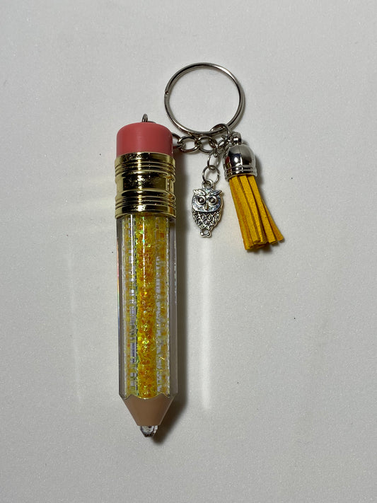 Yellow Pencil Keychain with Silver Owl #2