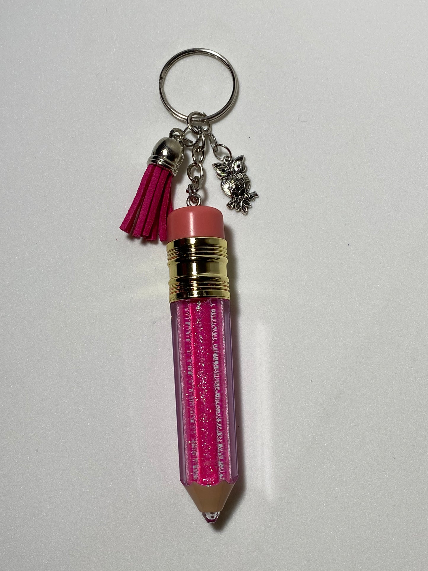 Pink Pencil Keychain with Silver Owl #2